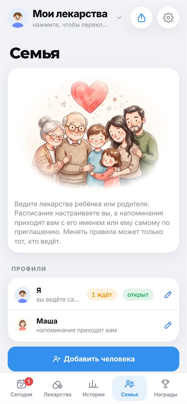 Экран «Семья» с профилями близких