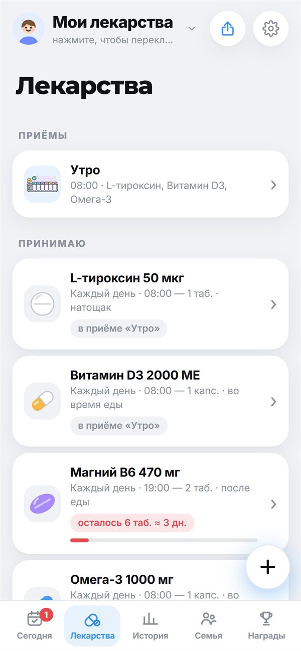 Экран «Лекарства» со списком и расписанием