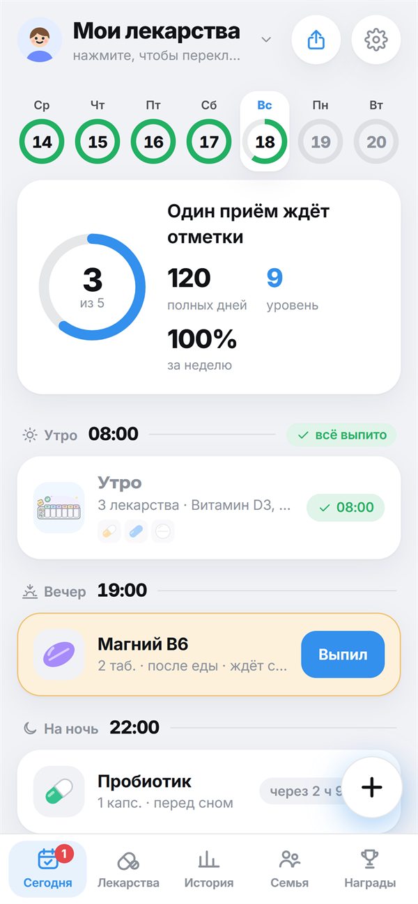 Экран «Сегодня»: кольца по дням недели, 3 приёма из 5 выполнены, 120 полных дней, уровень 9